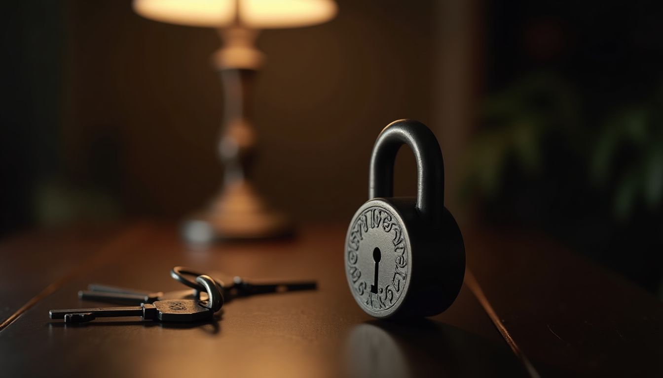 A heavy steel deadbolt, a reinforced strike plate and a set of keys on a dark timber door frame under warm rose-red lamplight, deep charcoal tones — door lock and safe guide