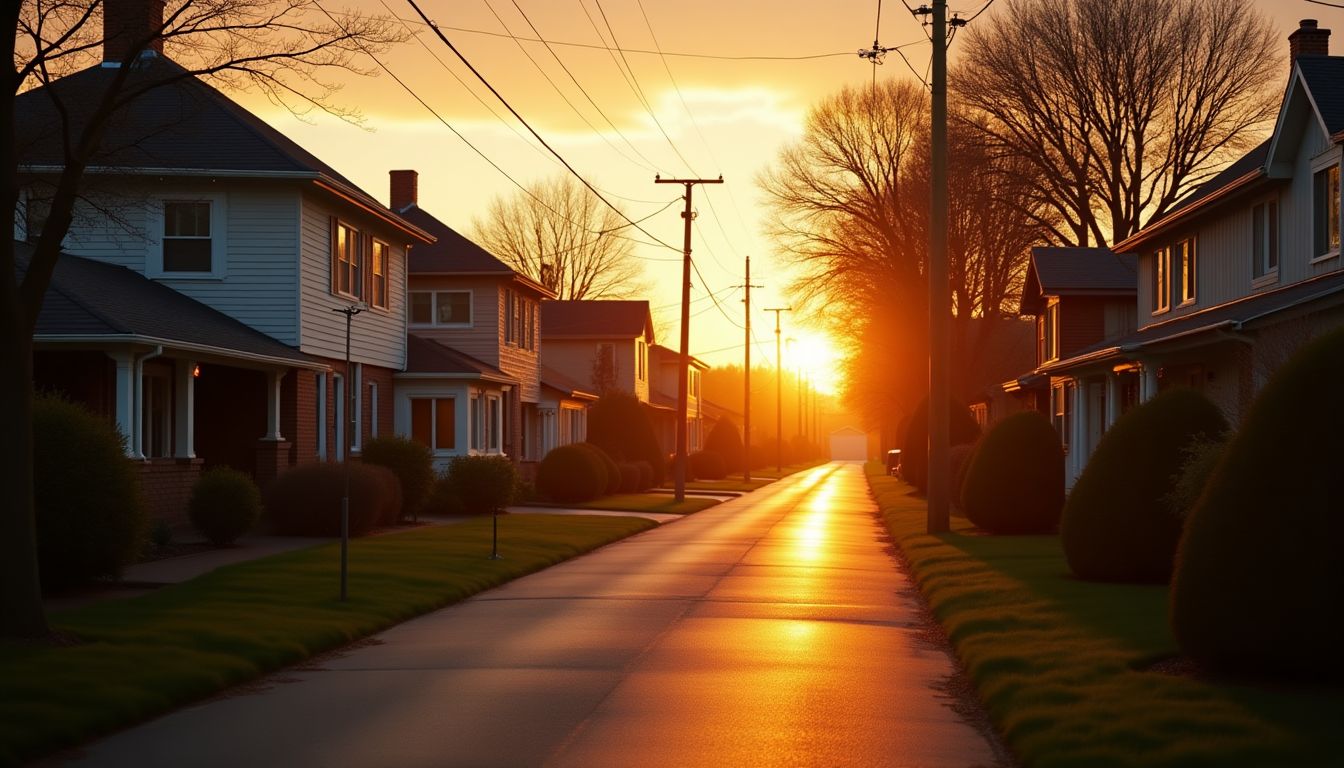 A porch light glowing over a front door at dusk with a delivery parcel on the mat, deep charcoal evening and a warm rose-red lamp glow through the window β neighbourhood routines guide