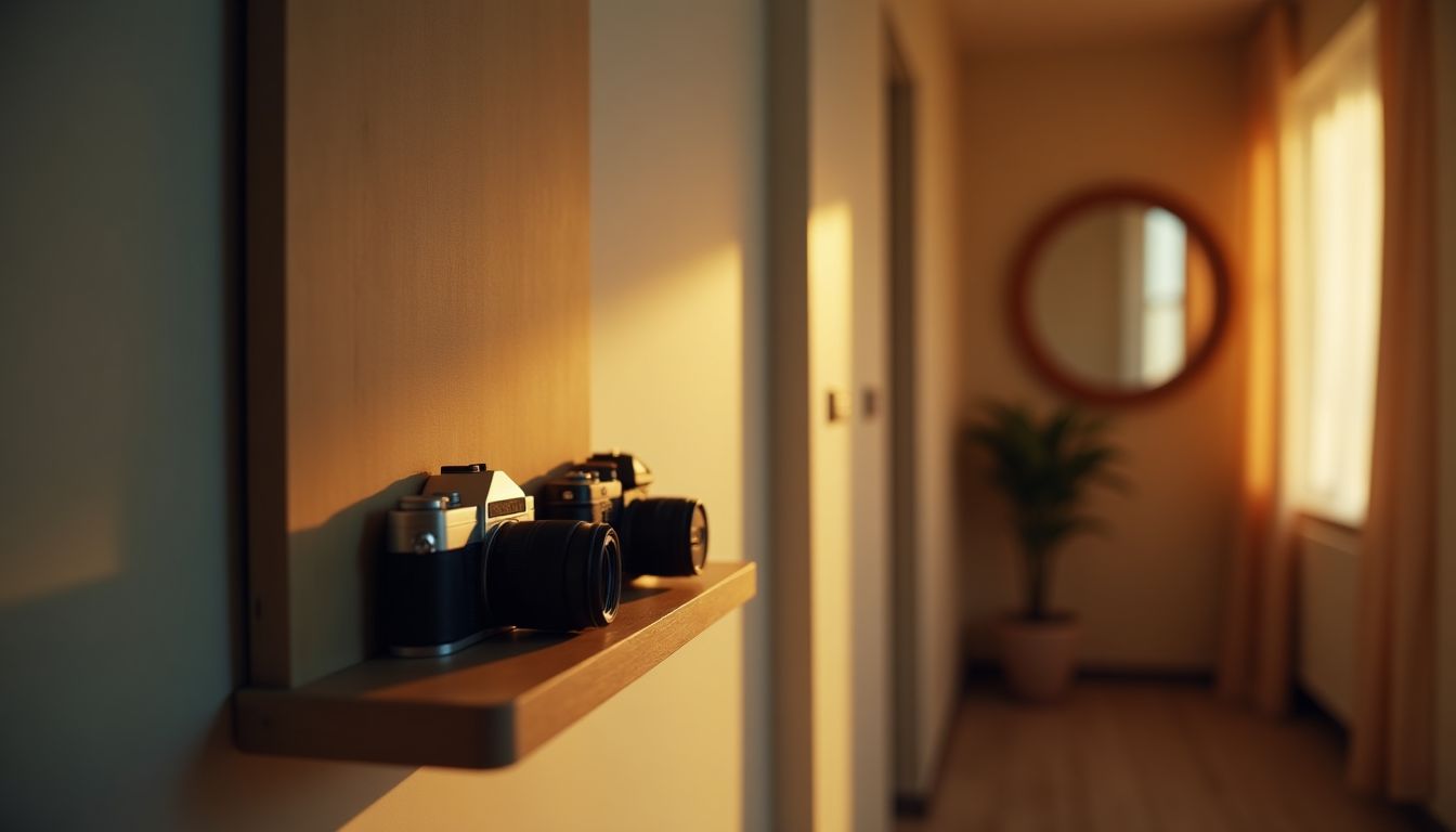 A modern alarm keypad glowing softly beside a smartphone on a dark bedside table, deep charcoal shadows with warm rose-red light spilling from a hallway beyond — home alarm and monitoring guide